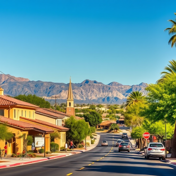 AT&T Coverage, Stores & Plans in Arrowhead Ranch, Glendale AZ 85318 A vibrant street scene in Arrowhead Ranch, Glendale, AZ 85318, showcasing a quiet suburban neighborhood with single-story and ranch-style homes featuring stucco