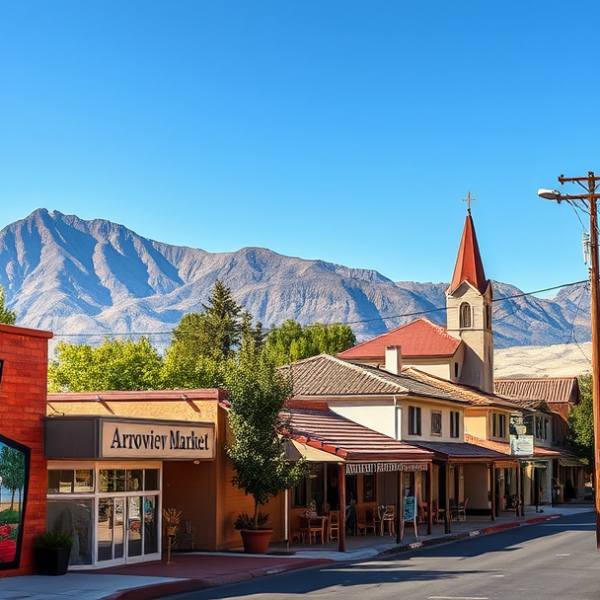 AT&T Coverage, Stores & Plans in Arrowview, San Bernardino CA 92405 A vibrant street scene in Arrowview, San Bernardino, CA 92405, showcasing a mural depicting local history and community pride on a colorful brick wall, with the