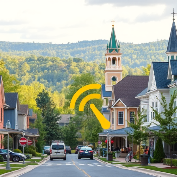 AT&T Coverage, Stores & Plans in Ashburn, Dulles VA 20104 A vibrant street scene in Ashburn, Dulles, VA (20104), featuring lush greenery and rolling hills visible in the background, with modern suburban houses showcasi