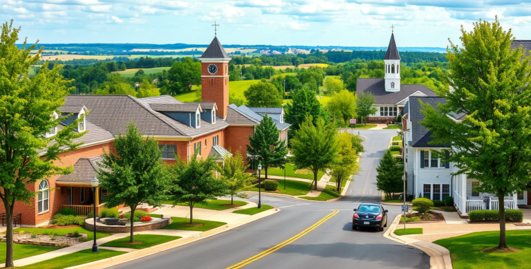 A vibrant street scene in Ashburn, Leesburg, VA (20176), showcasing a charming suburban neighborhood with tree-lined streets and well-manicured lawns. In the ba