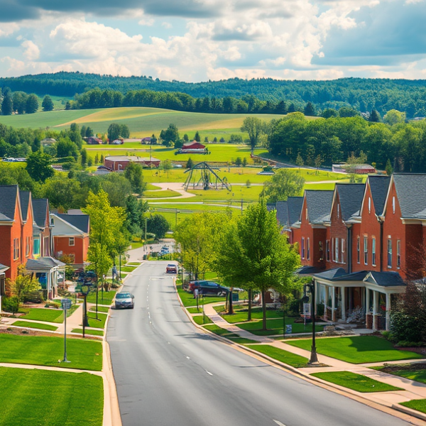 T-Mobile Plans, Coverage & Stores in Ashburn Village, Ashburn VA 20149 A vibrant street scene in Ashburn Village, Ashburn, VA 20149, showcasing lush green lawns and well-maintained townhomes with brick facades and charming porches,