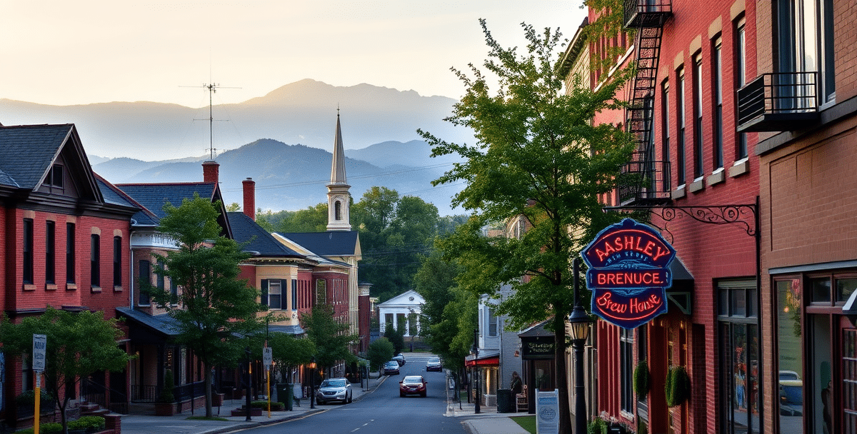 A vibrant street scene in ashley, wilkes-barre, pa (zip 18706), showcasing a charming mix of historic brick houses with ornate cornices and colorful rowhomes, l
