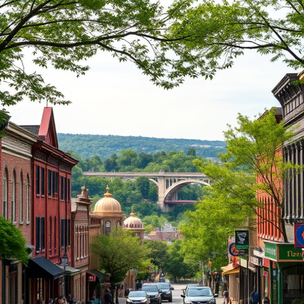 AT&T Coverage, Stores & Plans in Aspinwall, Pittsburgh PA 15215 A vibrant street scene in Aspinwall, Pittsburgh, PA 15215, showcasing charming historic brick rowhouses with decorative cornices and vintage storefronts lining