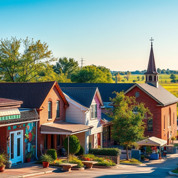 AT&T Coverage, Stores & Plans in Attica Township, Wichita KS 67223 A vibrant street scene in Attica Township, Wichita, KS (67223), showcasing a cozy café with outdoor seating, colorful murals depicting local history and communi