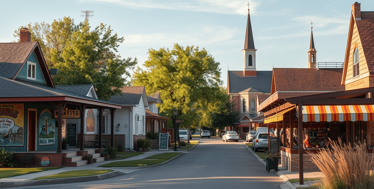 A vibrant street scene in attica township, wichita, ks 67235, showcasing a charming neighborhood with colorful murals depicting local history and community spir