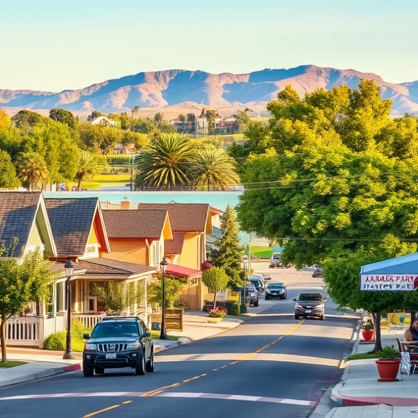 AT&T Coverage, Stores & Plans in Atwater, Merced CA 95344 A vibrant street scene in Atwater, Merced, CA 95344, showcasing a cozy neighborhood with charming Craftsman and ranch-style houses featuring colorful facades, f