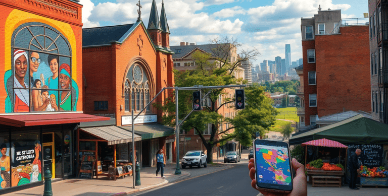 A vibrant street scene in auburn gresham, chicago, il (60620), capturing a diverse neighborhood with colorful murals depicting african american heritage and loc