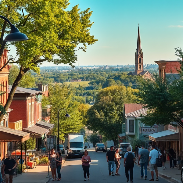 AT&T Coverage, Stores & Plans in Auburndale, Louisville KY 40214 A vibrant street scene in Auburndale, Louisville, KY 40214, showcasing a mix of charming historic houses with colorful brick facades and Craftsman bungalows lin