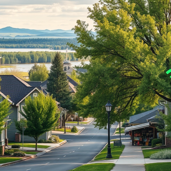 AT&T Coverage, Stores & Plans in Audubon-Downriver, Spokane WA 99209 A vibrant street scene in Audubon-Downriver, Spokane, WA 99209, showcasing charming Craftsman-style houses with low-pitched roofs, inviting front porches, and l