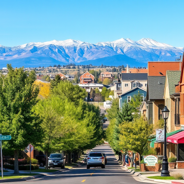 AT&T Coverage, Stores & Plans in Aurora Hills, Aurora CO 80041 A vibrant street scene in Aurora Hills, Aurora, CO 80041, showcasing a cozy neighborhood with mid-century ranch-style houses and modern townhomes, their brick f