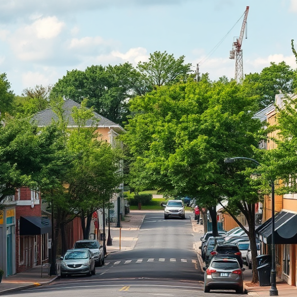 AT&T Coverage, Stores & Plans in Aurora Township, Aurora IL 60502 A vibrant street scene in Aurora Township, Aurora, IL 60502, showcasing a diverse neighborhood with colorful murals depicting local history and community pride,