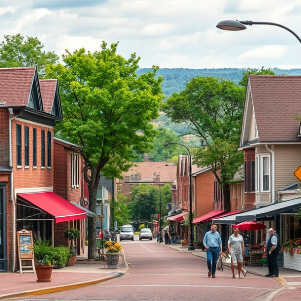 AT&T Coverage, Stores & Plans in Aurora Township, Aurora IL 60503 A vibrant street scene in Aurora Township, Aurora, IL 60503, showcasing a mix of historic brick storefronts and cozy mid-century houses with pitched roofs and c