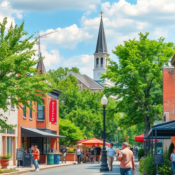 AT&T Coverage, Stores & Plans in Aurora Township, Aurora IL 60506 A vibrant street scene in Aurora Township, Aurora, IL 60506, showcasing a mix of historic brick storefronts and modern architecture, with a prominent mural depi