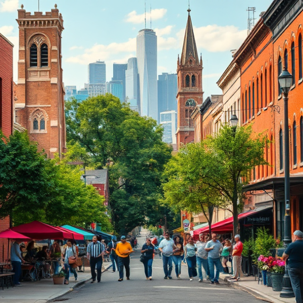 AT&T Coverage, Stores & Plans in Austin, Chicago IL 60644 A vibrant street scene in Austin neighborhood, Chicago, IL (60644), featuring colorful murals depicting jazz musicians and community stories on brick walls, wit