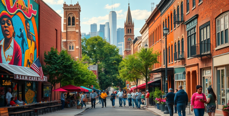 A vibrant street scene in Austin neighborhood, Chicago, IL (60644), featuring colorful murals depicting jazz musicians and community stories on brick walls, wit