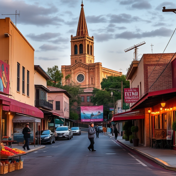 T-Mobile Plans, Coverage & Stores in Avenida Guadalupe, San Antonio TX 78207 A vibrant street scene along Avenida Guadalupe in San Antonio, TX 78207, showcasing colorful murals depicting local history and Chicano culture, with a lively n
