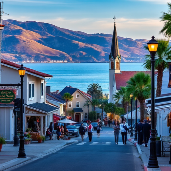 AT&T Coverage, Stores & Plans in Avila Beach, San Luis Obispo CA 93410 A vibrant street scene in Avila Beach, San Luis Obispo, CA 93410, capturing its charming coastal vibe with colorful murals depicting marine life and local histo