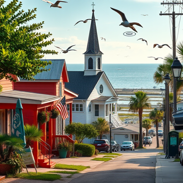 AT&T Coverage, Stores & Plans in Bacliff, Galveston TX 77552 A vibrant street scene in Bacliff, Galveston, TX (77552), showcasing colorful coastal cottages with weathered wooden siding and charming porches adorned with ha