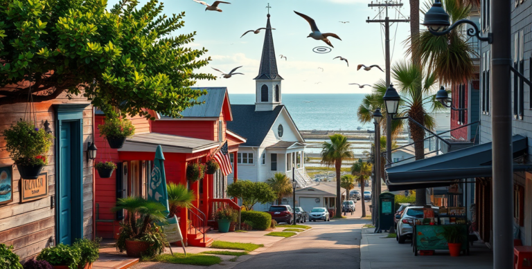 A vibrant street scene in Bacliff, Galveston, TX (77552), showcasing colorful coastal cottages with weathered wooden siding and charming porches adorned with ha