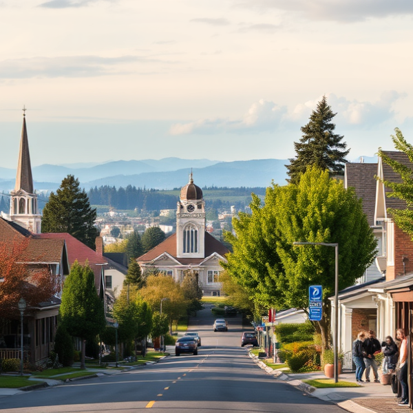 AT&T Coverage, Stores & Plans in Bagley Downs, Vancouver WA 98668 A vibrant street scene in Bagley Downs, Vancouver, WA 98668, showcasing a cozy neighborhood lined with classic Craftsman and mid-century ranch-style homes featu