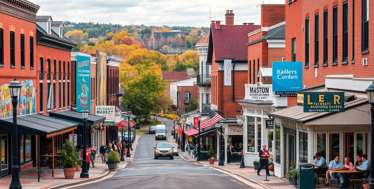 A vibrant street scene in bailey's crossroads, falls church, va (22041), showcasing a lively neighborhood with colorful murals depicting local history and commu