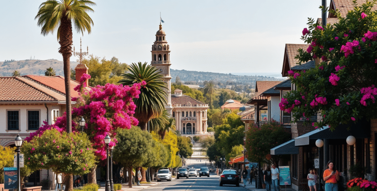 A vibrant street scene in balboa park, san diego, ca 92134, showcasing lush greenery and historic spanish revival and craftsman-style homes lining the avenue. I