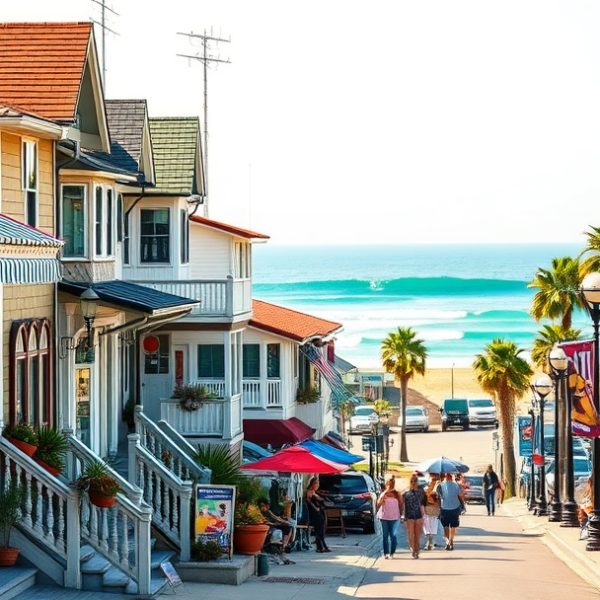 AT&T Coverage, Stores & Plans in Balboa Peninsula, Newport Beach CA 92661 A vibrant street scene in Balboa Peninsula, Newport Beach, CA 92661, showing colorful beachfront cottages with classic Craftsman and Spanish Revival architectur
