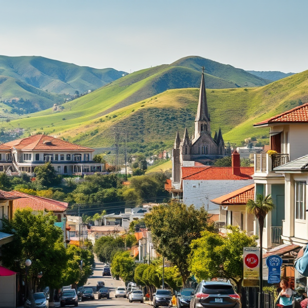 AT&T Coverage, Stores & Plans in Baldwin Hills, Los Angeles CA 90008 A vibrant street scene in Baldwin Hills, Los Angeles, CA 90008, showcasing lush green hills rising in the background with panoramic city views beyond. The neigh