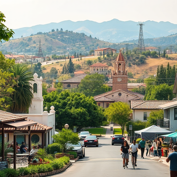 T-Mobile Plans, Coverage & Stores in Baldwin Hills, Los Angeles CA 90056 A vibrant street scene in Baldwin Hills, Los Angeles, CA 90056, showcasing lush greenery and rolling hills in the background, with panoramic views of the Santa
