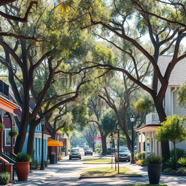 AT&T Coverage, Stores & Plans in Baldwin Park, Orlando FL 32814 A realistic street scene in Baldwin Park, Orlando, FL (zip 32814), showcasing vibrant, tree-lined streets with charming Craftsman-style homes and colorful bunga