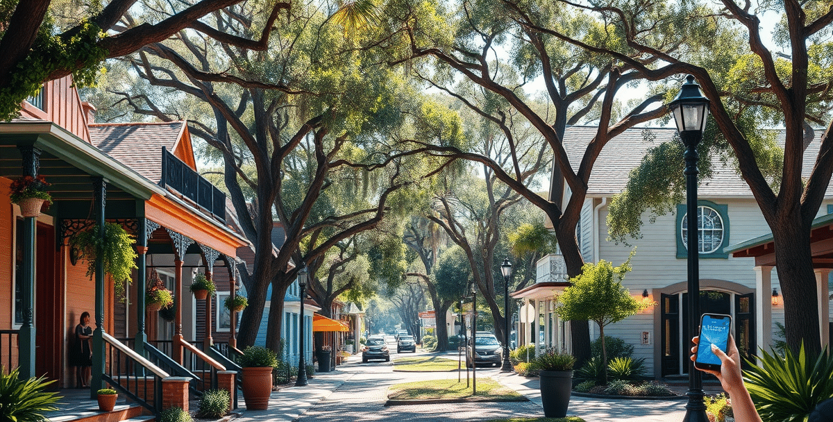 A realistic street scene in baldwin park, orlando, fl (zip 32814), showcasing vibrant, tree-lined streets with charming craftsman-style homes and colorful bunga