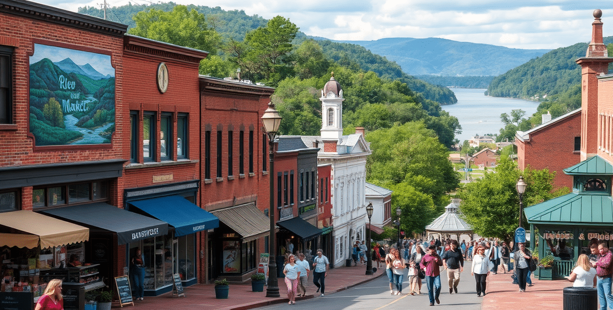 A vibrant street scene in barboursville, huntington, wv (25710), showcasing a charming neighborhood with historic brick storefronts and cozy cafés, including a