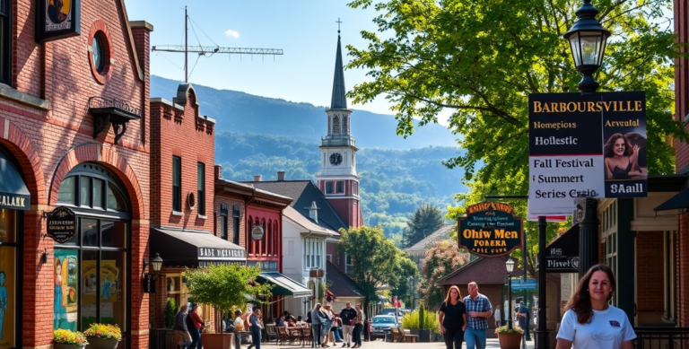 A vibrant street scene in Barboursville, Huntington, WV 25712, showcasing a mix of historic and modern architecture: charming brick storefronts with ornate faca