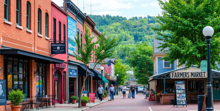 A vibrant street scene in Barboursville, Huntington, WV 25713, showcasing a charming neighborhood with historic brick storefronts and colorful murals adorning b