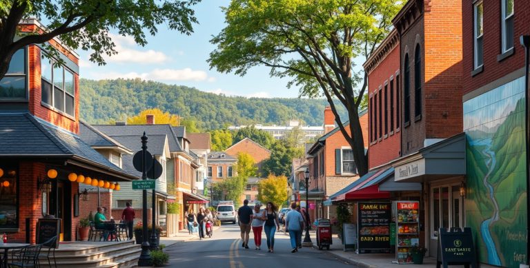A vibrant street scene in Barboursville, Huntington, WV (25717), showcasing a charming neighborhood with historic brick and craftsman-style houses lining tree-l