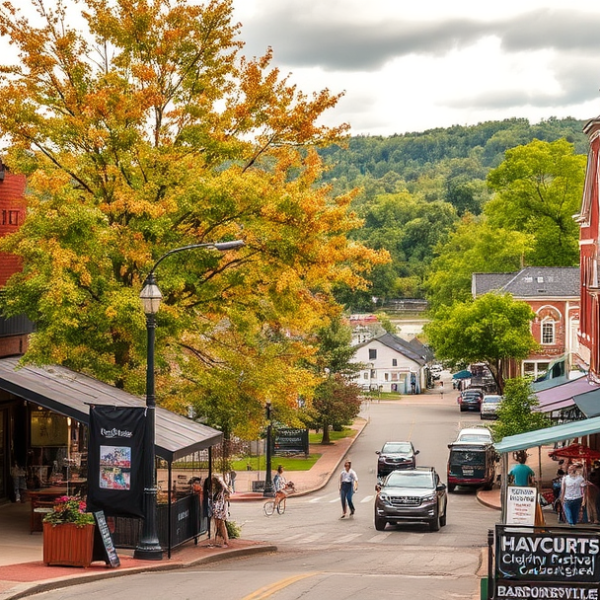 AT&T Coverage, Stores & Plans in Barboursville, Huntington WV 25721 A vibrant street scene in Barboursville, Huntington, WV 25721, featuring a charming mix of historic and modern architecture: brick storefronts with colorful mur