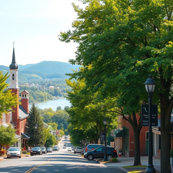 AT&T Coverage, Stores & Plans in Barboursville, Huntington WV 25723 A vibrant street scene in Barboursville, Huntington, WV 25723, showcasing a charming residential block with historic brick houses and craftsman-style bungalows,