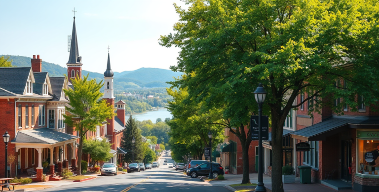 A vibrant street scene in Barboursville, Huntington, WV 25723, showcasing a charming residential block with historic brick houses and craftsman-style bungalows,