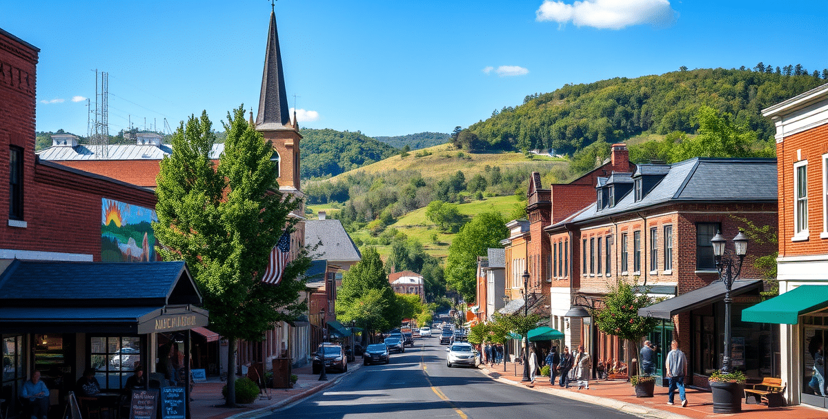 A vibrant street scene in barboursville, huntington, wv 25724, showcasing a charming neighborhood with historic brick buildings and modern storefronts lining tr