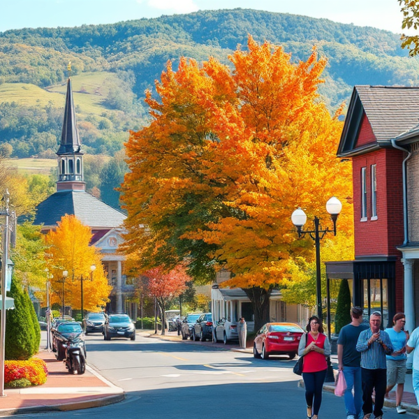 AT&T Coverage, Stores & Plans in Barboursville, Huntington WV 25727 A vibrant street scene in Barboursville, Huntington, WV 25727, showcasing a charming neighborhood with historic brick houses and well-preserved Craftsman bungal