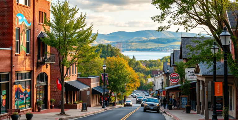 A vibrant street scene in Barboursville, Huntington, WV 25728, showcasing a lively neighborhood with historic brick storefronts and charming Craftsman-style hou