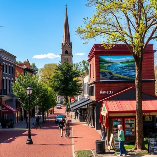 AT&T Coverage, Stores & Plans in Barboursville, Huntington WV 25729 A vibrant street scene in Barboursville, Huntington, WV 25729, showcasing a mix of historic and modern architecture along tree-lined boulevards. In the foregrou