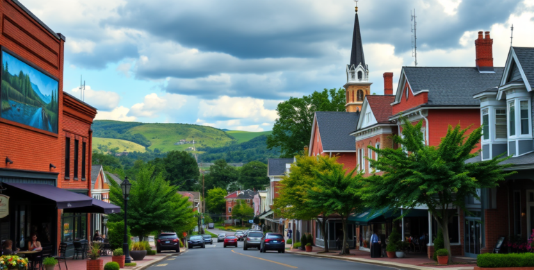 A vibrant street scene in Barboursville, Huntington, WV 25777, showcasing a historic brick building with a mural of the Ohio River and rolling hills in the back