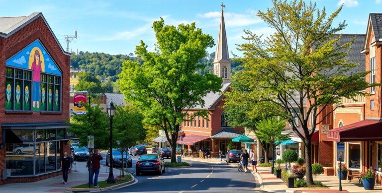 A vibrant street scene in Barboursville, Huntington, WV 25779, showcasing a lively neighborhood with iconic landmarks: the colorful murals on the historic Barbo