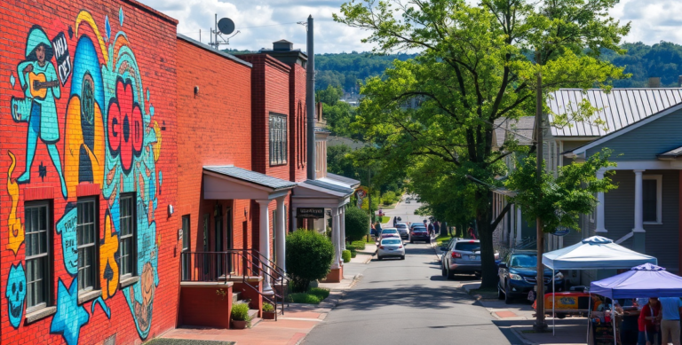 A vibrant street scene in Barclay Drive, Nashville, TN 37206, showcasing colorful murals adorning brick walls—one depicting lively local musicians and another c