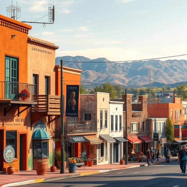 AT&T Coverage, Stores & Plans in Barelas, Albuquerque NM 87103 A vibrant street scene in Barelas, Albuquerque (87103), showcasing colorful adobe-style houses with traditional tile roofs and wrought-iron balconies lining a l