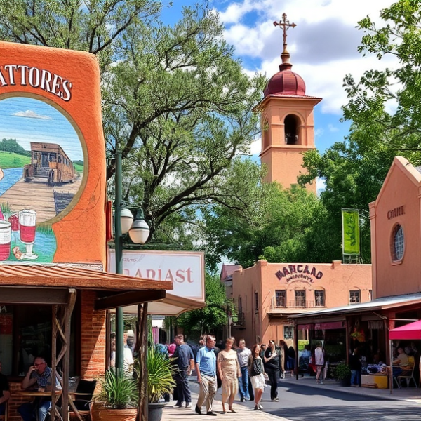 AT&T Coverage, Stores & Plans in Barelas, Albuquerque NM 87194 A vibrant street scene in Barelas, Albuquerque, NM 87194, showcasing colorful murals depicting local history and culture, with a prominent mural of traditional