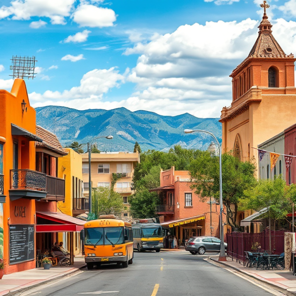 T-Mobile Plans, Coverage & Stores in Barelas, Albuquerque NM 87198 A vibrant street scene in Barelas, Albuquerque NM 87198, showcasing colorful adobe-style houses with terracotta roofs and intricate ironwork balconies lining a