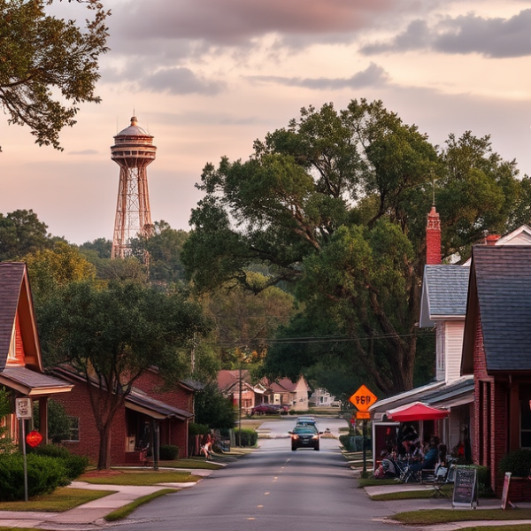 AT&T Coverage, Stores & Plans in Barksdale Air Force Base, Shreveport LA 71109 A vibrant street scene in Barksdale Air Force Base neighborhood, Shreveport, LA, showcasing modest brick houses with pitched roofs and lush front yards, shaded
