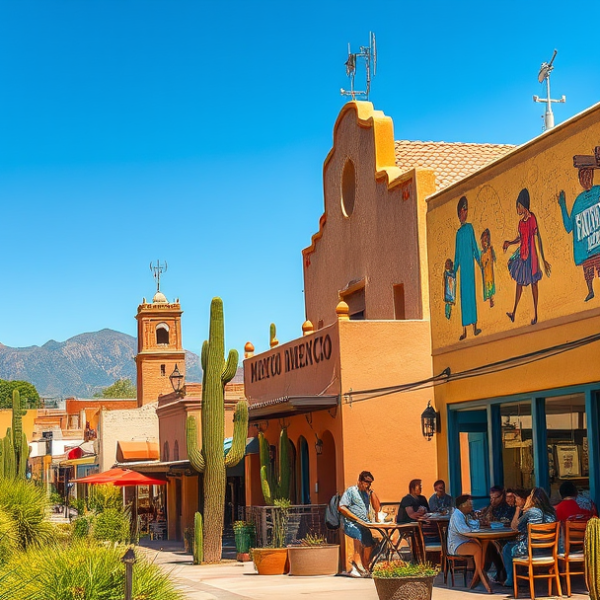AT&T Coverage, Stores & Plans in Barrio Libre, Tucson AZ 85701 A vibrant street scene in Barrio Libre, Tucson, AZ 85701, showcasing colorful murals depicting indigenous and Latin American heritage adorning adobe-style build